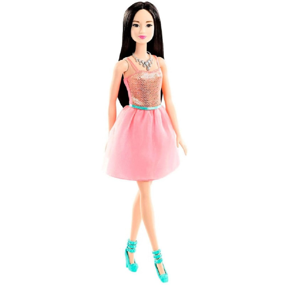 Boneca barbie fashion and beauty vestido preto com estampa rosa mattel