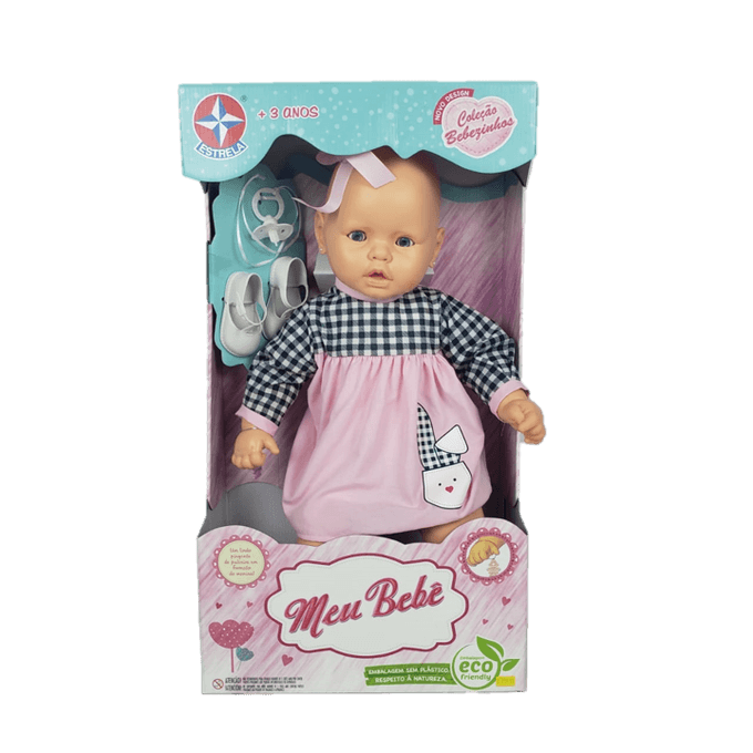 Boneca Meu Bebê Branco - Vestido Xadrez e Rosa - Estrela - ESTRELA