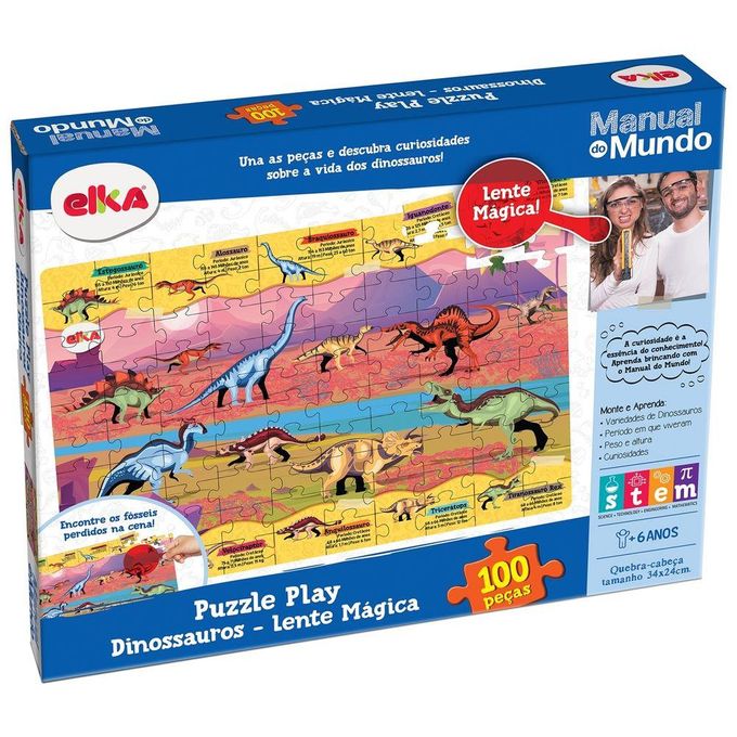 Quebra-Cabeça Puzzle Play 100 Peças Lente Mágica - Dinossauros - Manual do Mundo - Elka - ELKA