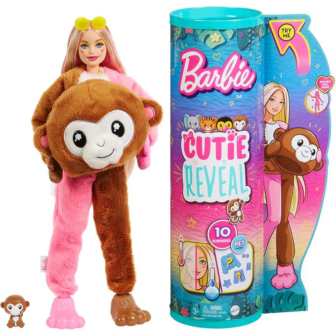 Boneca Barbie Cutie Reveal 10 Surpresas com Mini Pet e Fantasia de Macaco Hkr01 - MATTEL