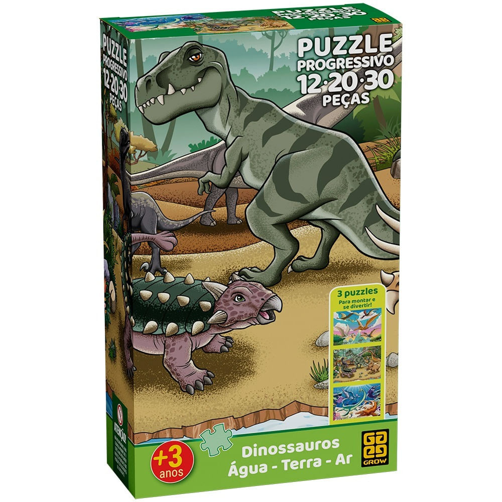 Quebra-Cabeça Progressivo 12/20/30 Peças - Dinossauros (céu, Terra e Mar) - Grow