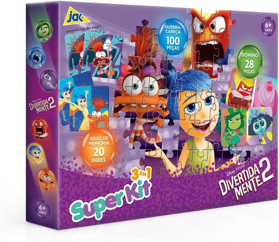 Super Kit Junior 3 em 1 com Quebra-Cabeça - Dominó e Memória - Divertida Mente 2 - Toyster