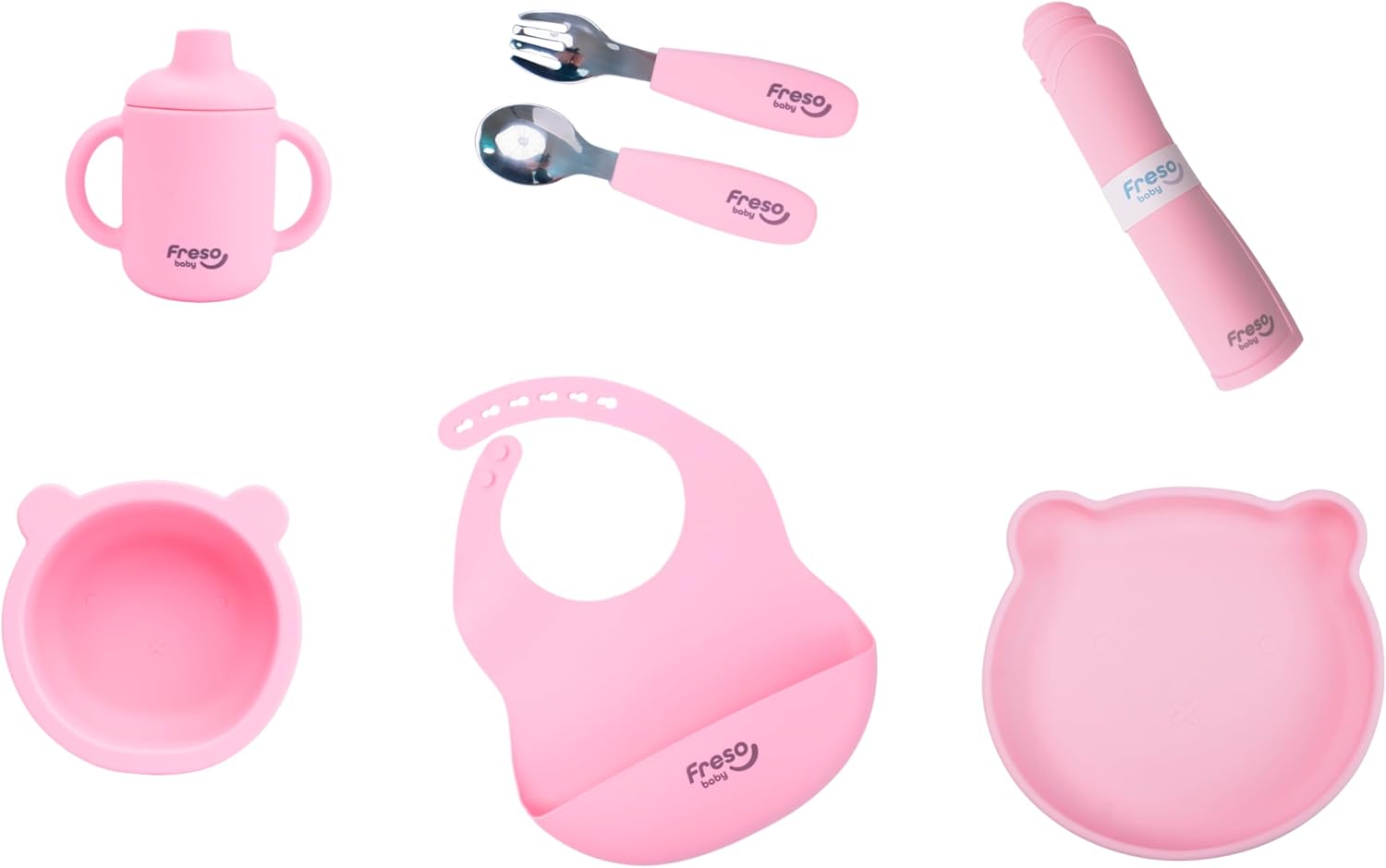 Kit Alimentação - Ursinho de Silicone com Ventosa com 7 Peças - Rosa - Freso Baby