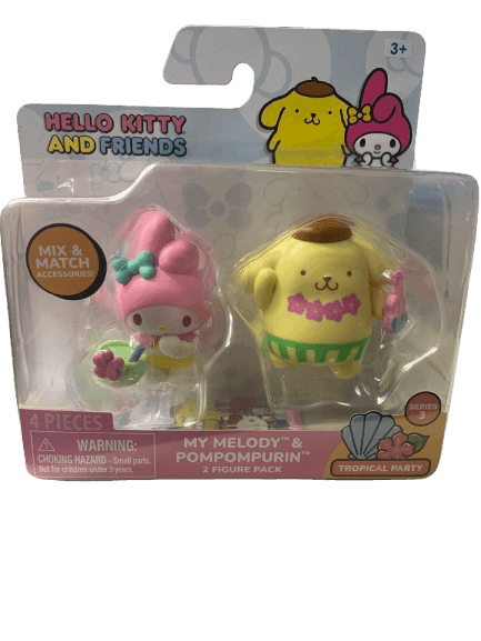 Hello Kitty - Pack com 2 Figuras e Acessórios - My Melody e Pompompurin - Série 3 - Tropical Party - Sunny