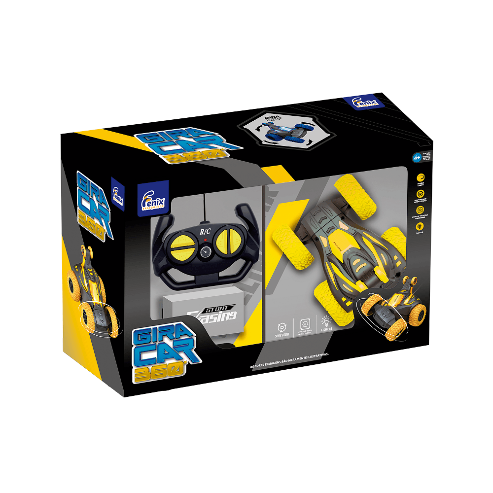 Carrinho de Controle Remoto Gira Car 360 Amarelo com Luzes - Caixa Grande - Fenix