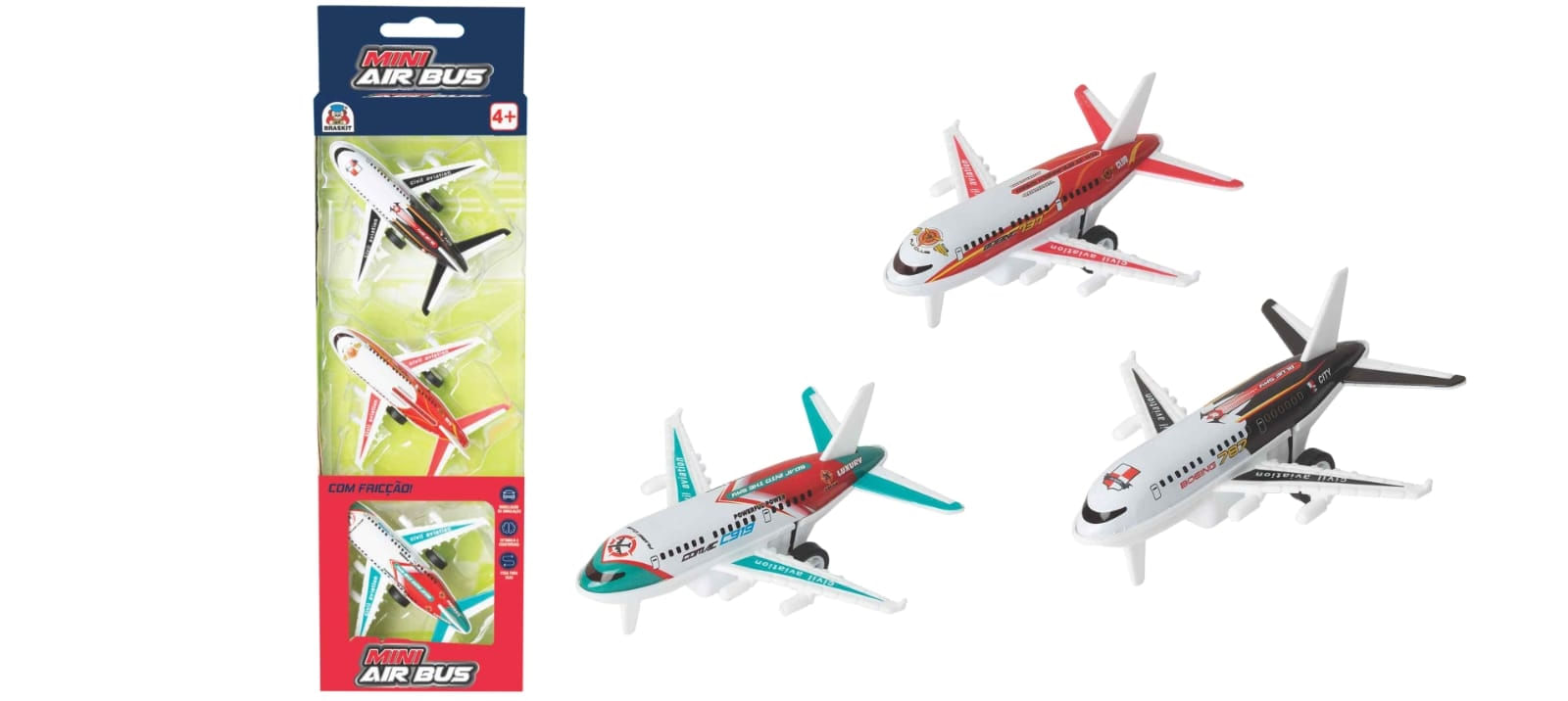 Avião Fricção C/3 Unidades - Mini Air Bus - Braskit
