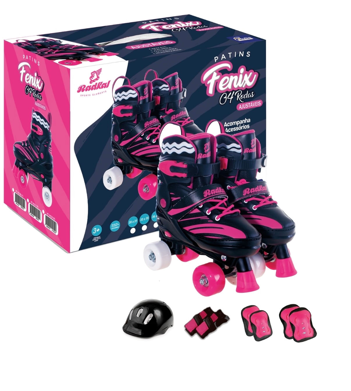 Patins 4 Rodas Ajustáveis Preto/rosa Tam.36 a 39 - Fenix