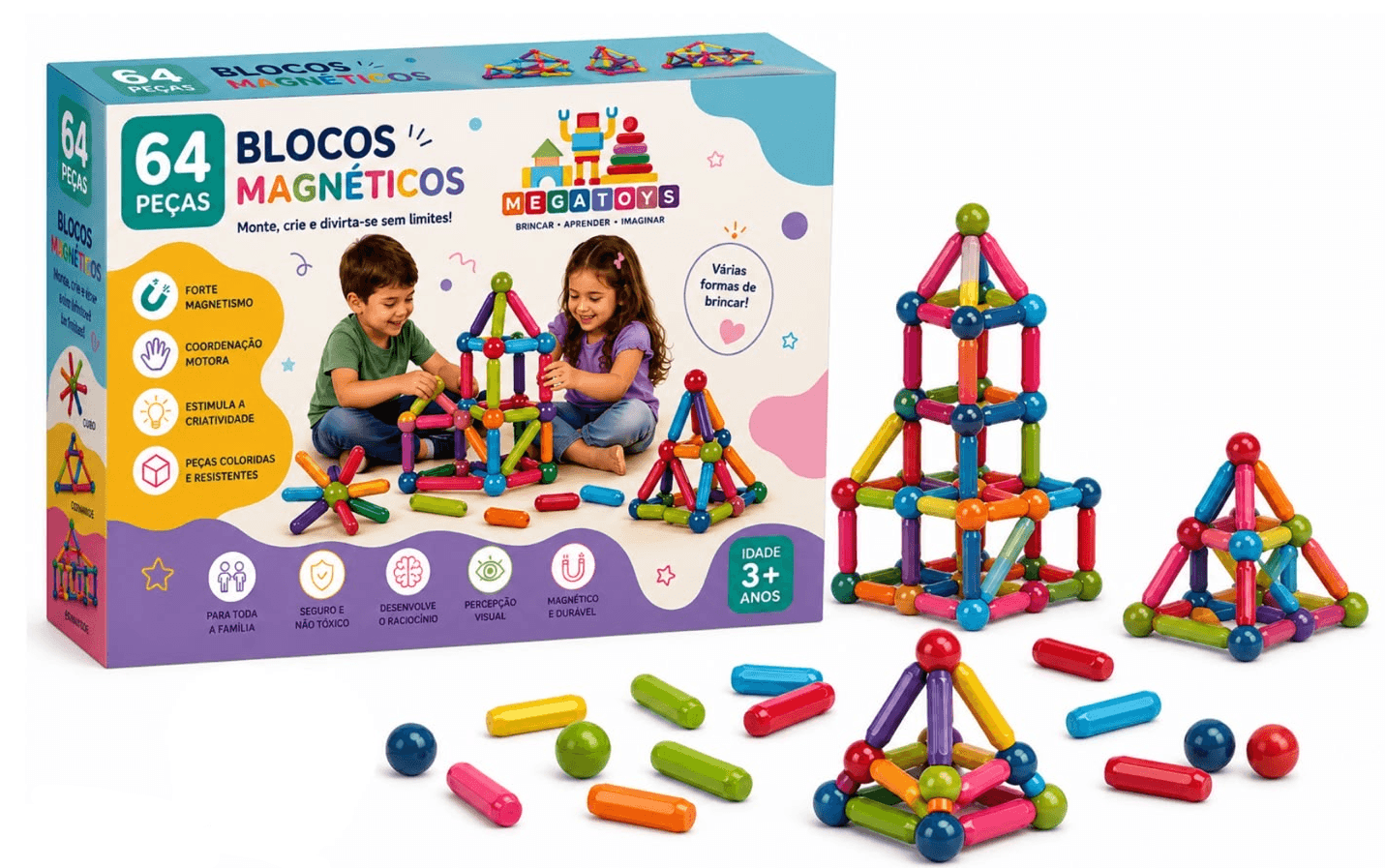 Bastões Magnéticos com 64 Peças - Mega Toys